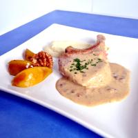 Pork Cutlets in a Blue Cheese Sauce with Honey Glazed Pears and Walnuts 
