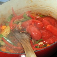 Add the tomato and bring to the boil